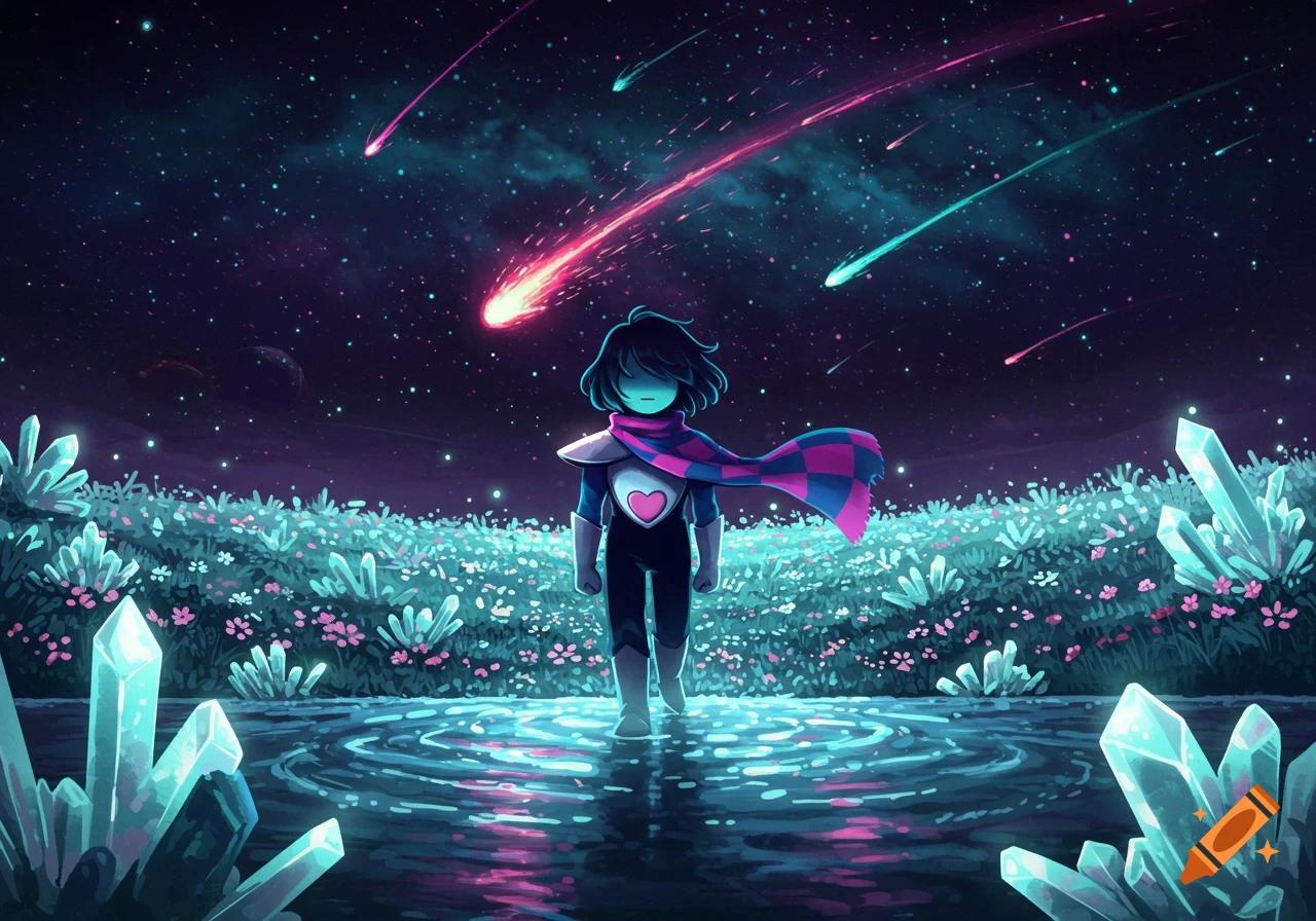 A character stands in shallow water under a vibrant starry night sky with shooting stars, surrounded by glowing crystals and plants.