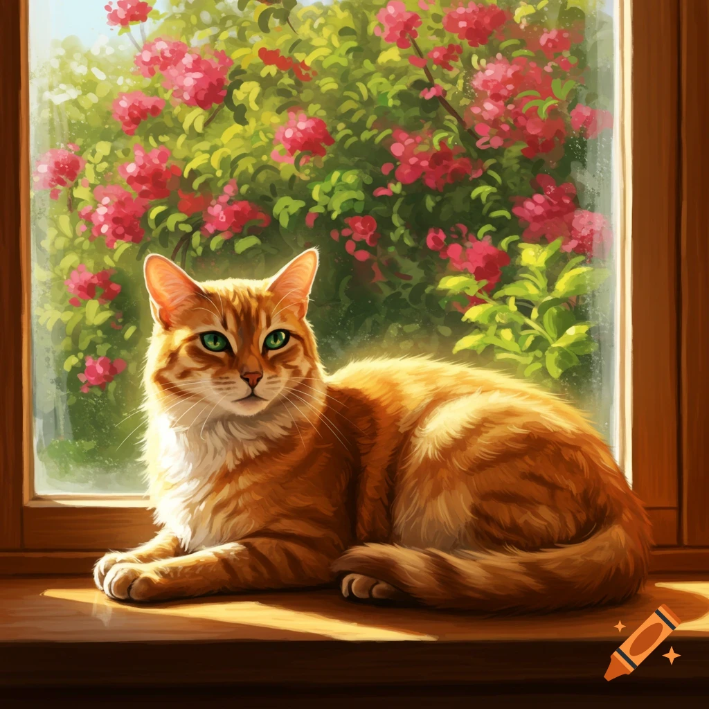 An orange tabby cat with green eyes lies on a sunlit windowsill, with pink flowers and green leaves visible outside.