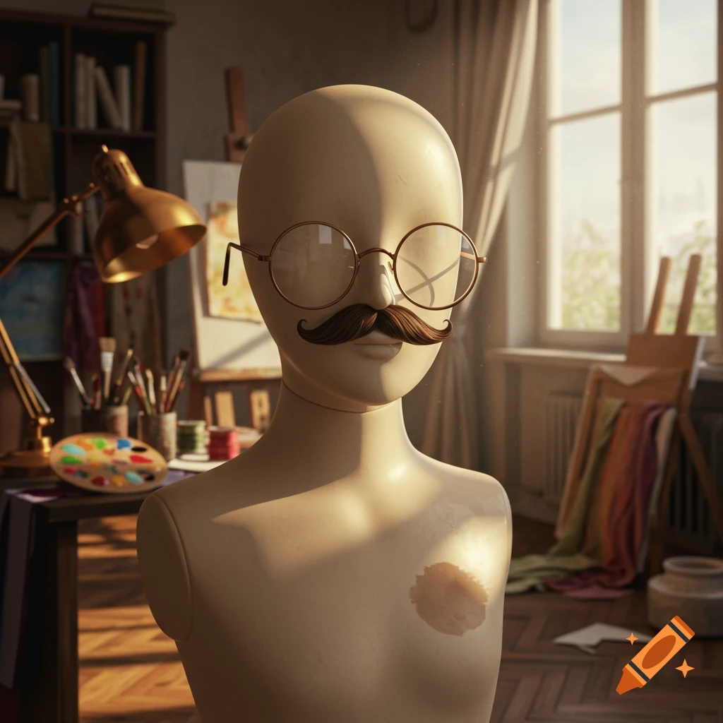 A photorealistic image of a blank art mannequin with a brown mustache and round glasses in an artist's studio.