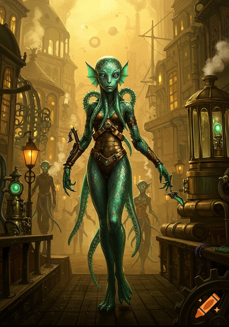 A green, scaly humanoid creature with tentacles and fins stands in a detailed steampunk city street under a golden sky.