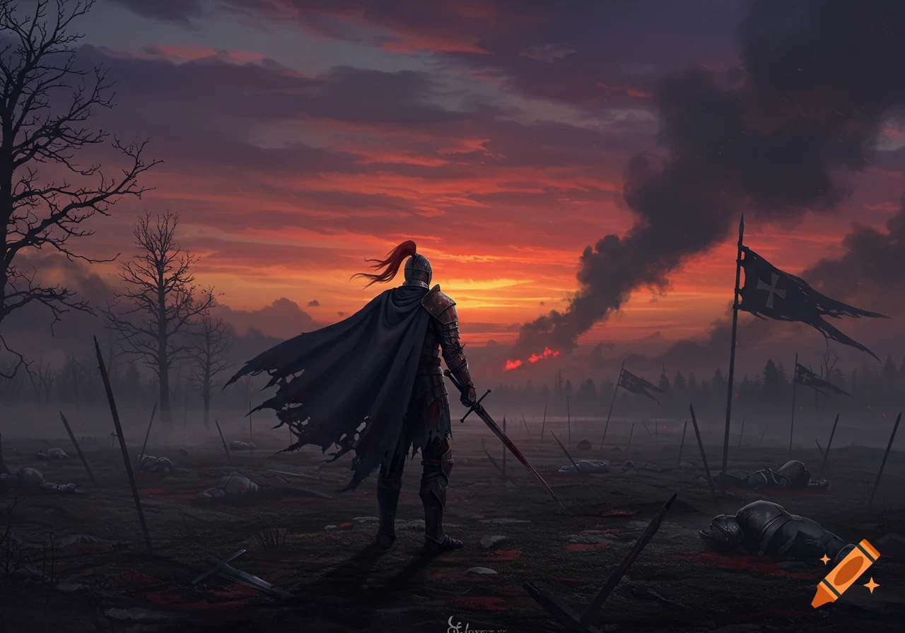 A lone knight stands on a desolate, blood-stained battlefield with fallen soldiers and torn flags under a fiery sunset.