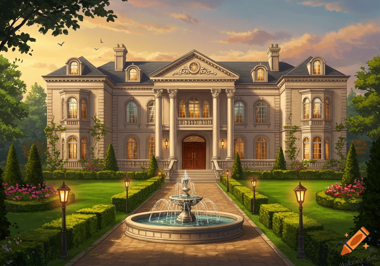 An opulent mansion with a classical facade, surrounded by a manicured garden, fountain, and lampposts under a dramatic sunset sky.