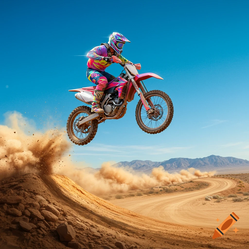 A motocross rider in colorful gear jumps a dirt bike over a dusty mound in a desert landscape under a clear blue sky.