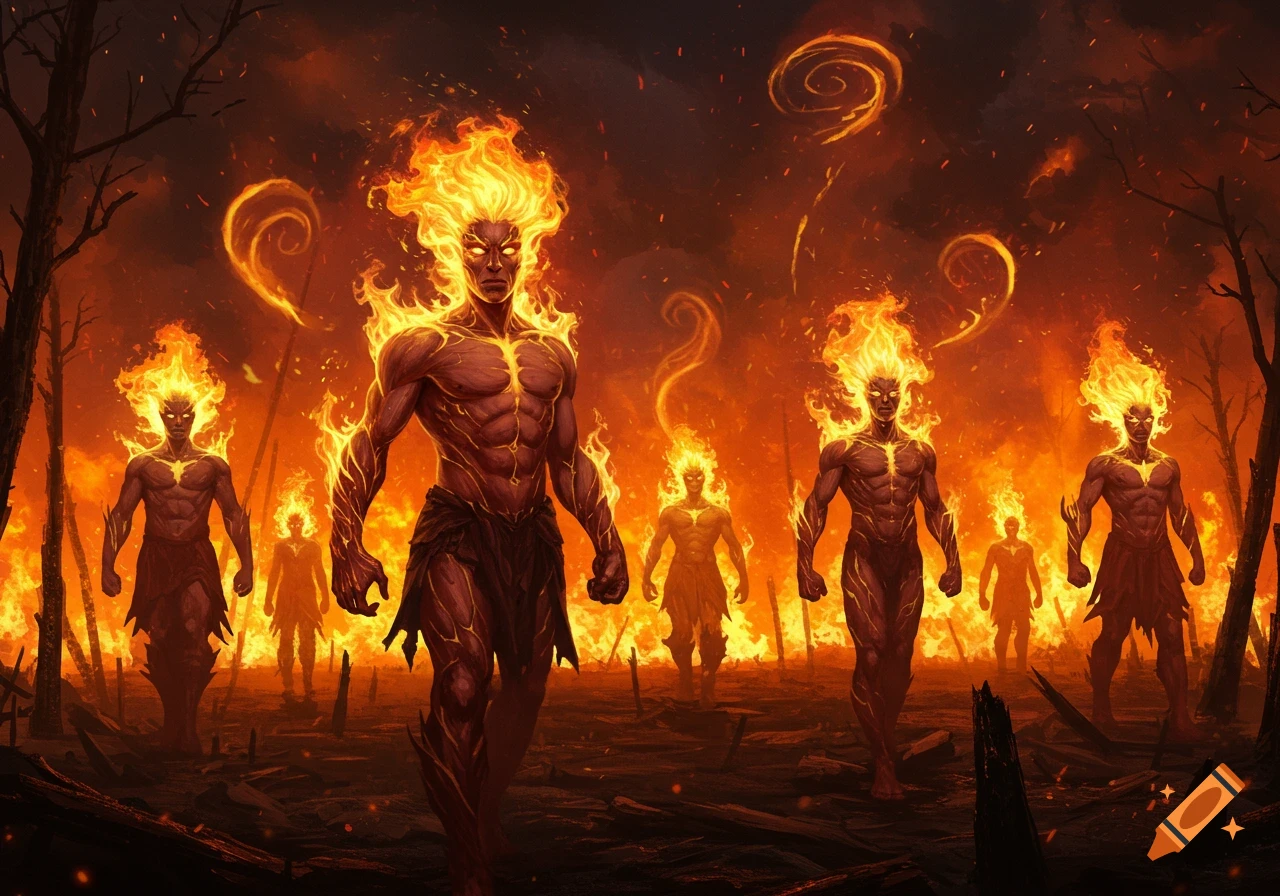 Fiery humanoids with glowing eyes and flaming hair stand in a desolate, burning landscape under an orange sky.