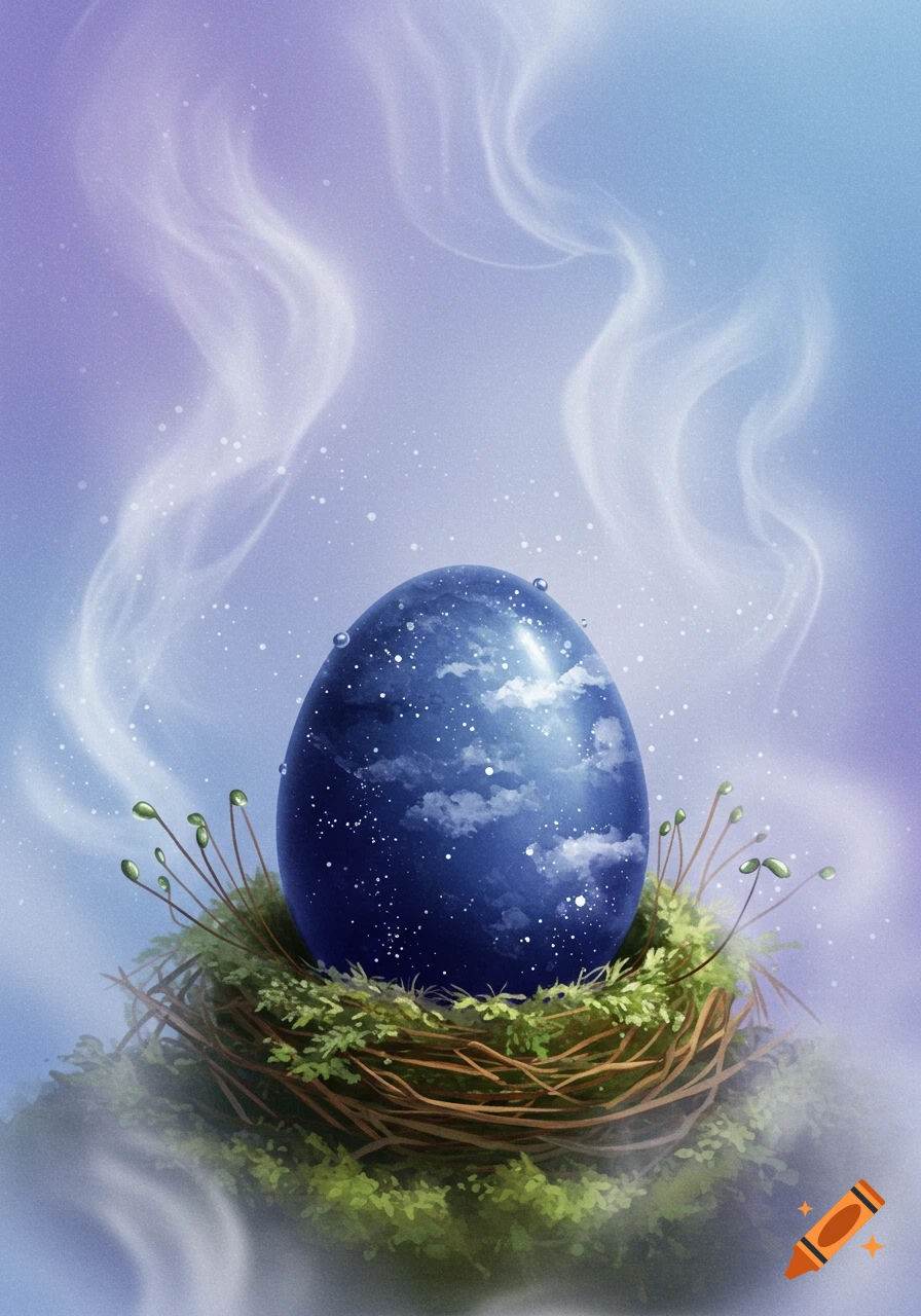 A soft watercolor painting of a deep indigo-blue egg with clouds and stars, dew drops, in a nest surrounded by gentle mist.