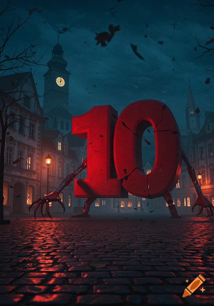 A giant, cracked red number 10 with robotic arms and claws stands on a cobblestone street in a dark, eerie town at night.