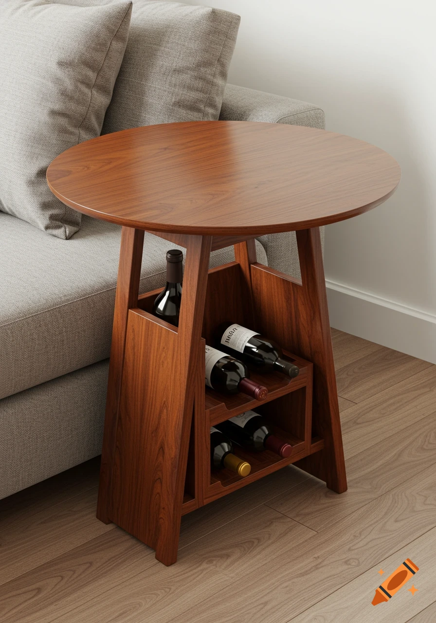 Photorealistic image of a round wooden end table with angled legs and wine bottle storage, next to a grey sofa.