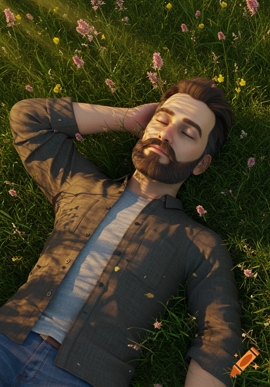 A 3D render of a man with a beard and mustache sleeping peacefully in sun-dappled green grass with pink and yellow flowers.