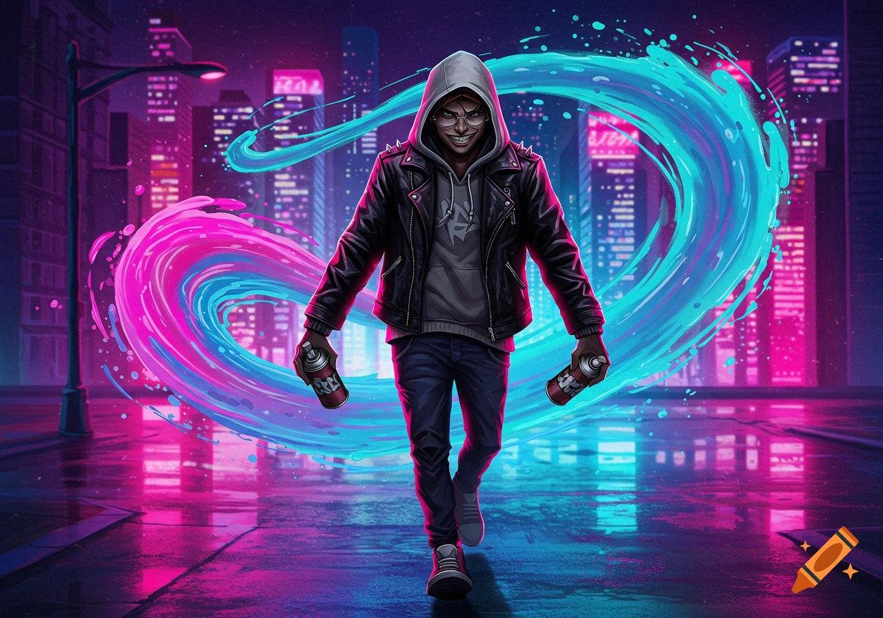 A grinning man in a hoodie and leather jacket holds two spray paint cans, standing in a vibrant neon cityscape with swirling pink and blue light trails.