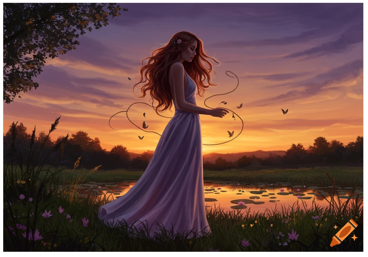 A woman with long red hair in a white dress stands by a lake at sunset, surrounded by fluttering butterflies.