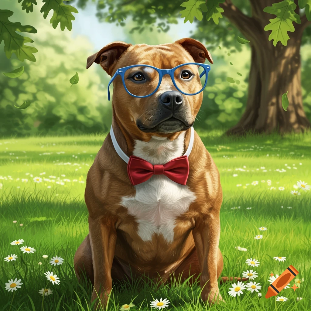 A brown Staffordshire terrier wearing blue glasses and a red bow tie sits in a green grassy park among white daisies.