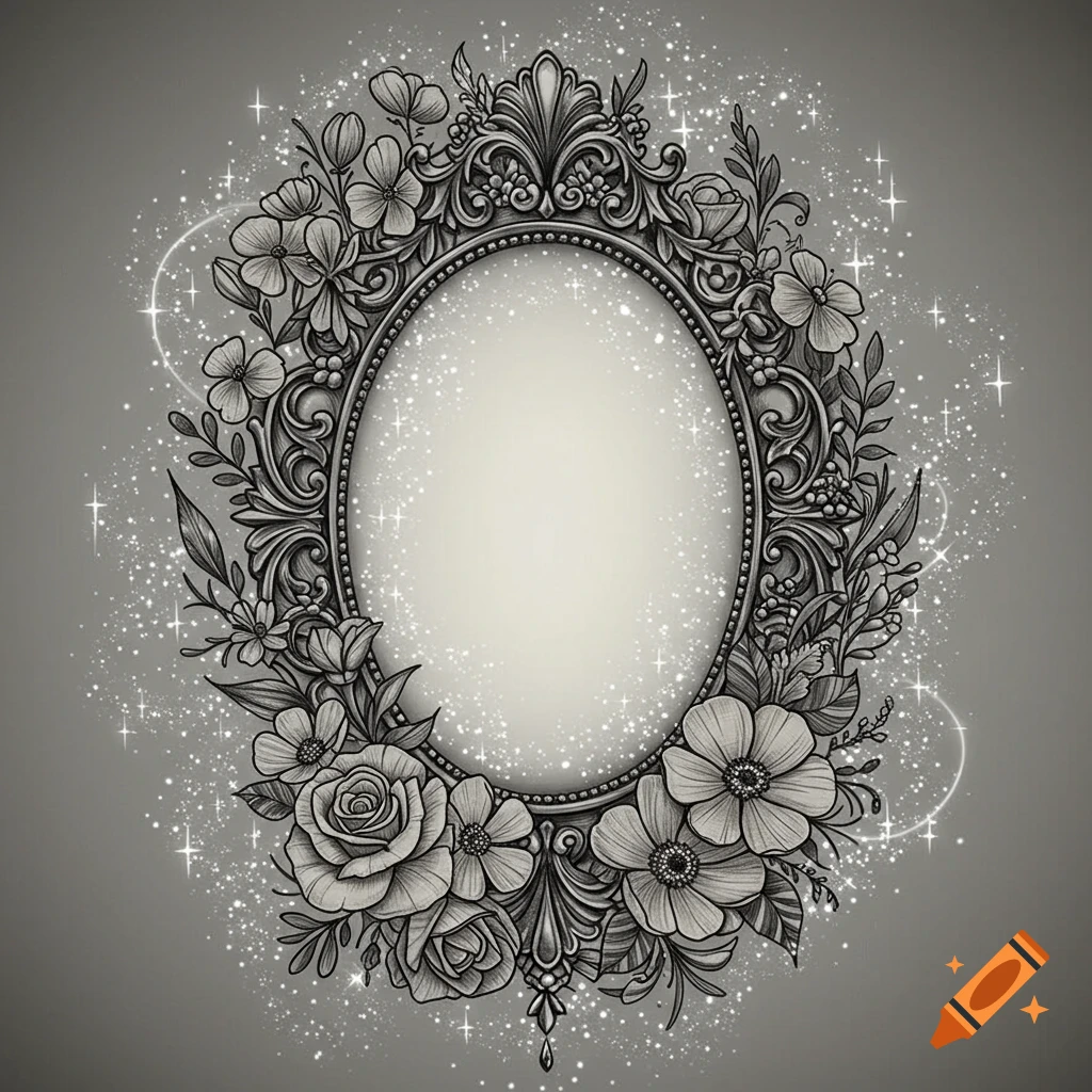 A gothic oval frame with floral designs and sparkling fairy dust in black and white.