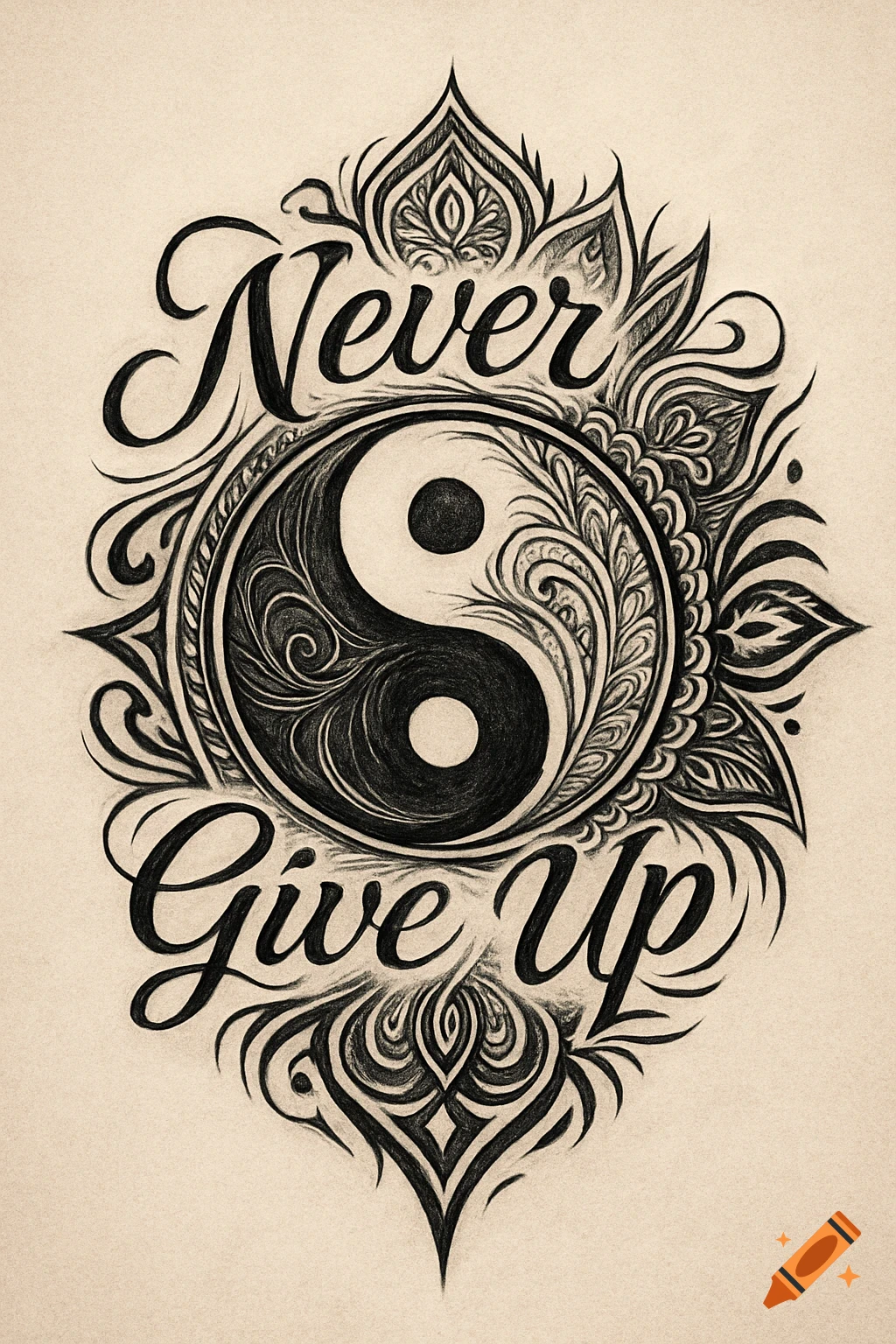 A black and white tattoo-style drawing of a Yin Yang symbol with 'Never Give Up' text and ornate designs.