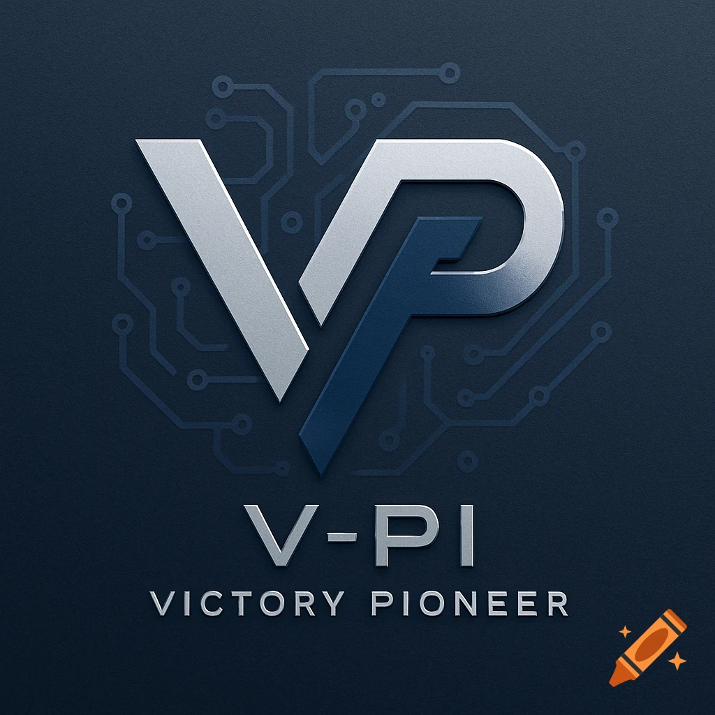 A sleek, metallic V-PI logo in silver and blue, with 'VICTORY PIONEER' text, set against a subtle circuit board background.