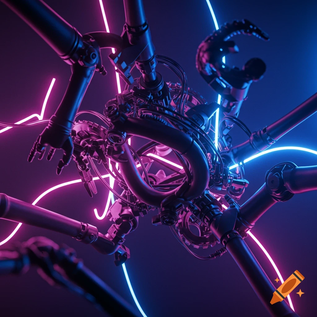Abstract mechanical parts with robotic arms illuminated by pink and blue neon lights.