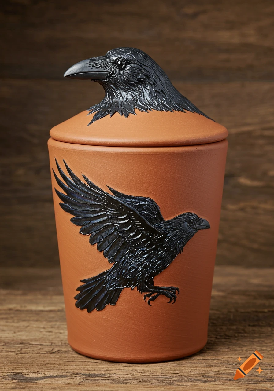 A terracotta clay jar with a detailed black crow's head forming the lid and a raised crow design on its side.