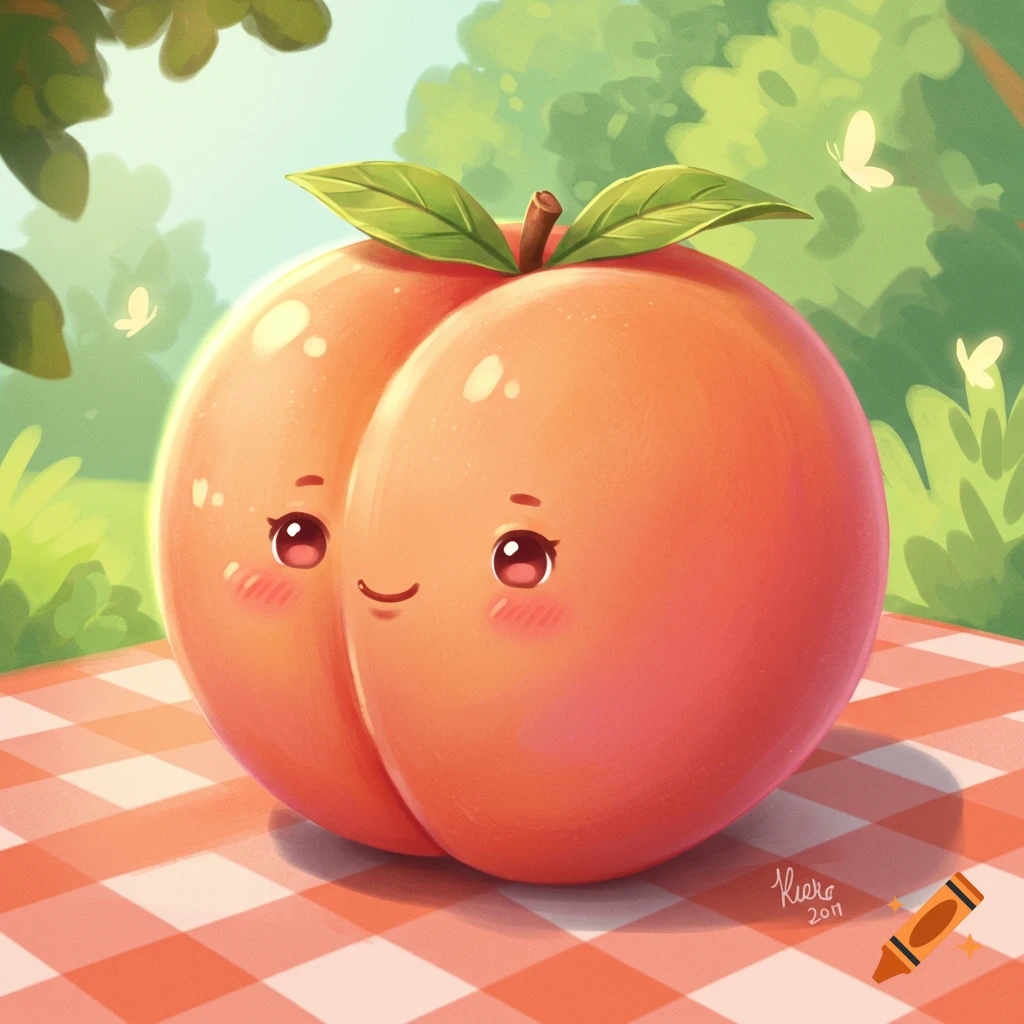 A cute cartoon peach with a face sits on a red and white checkered picnic blanket in a sunny garden.