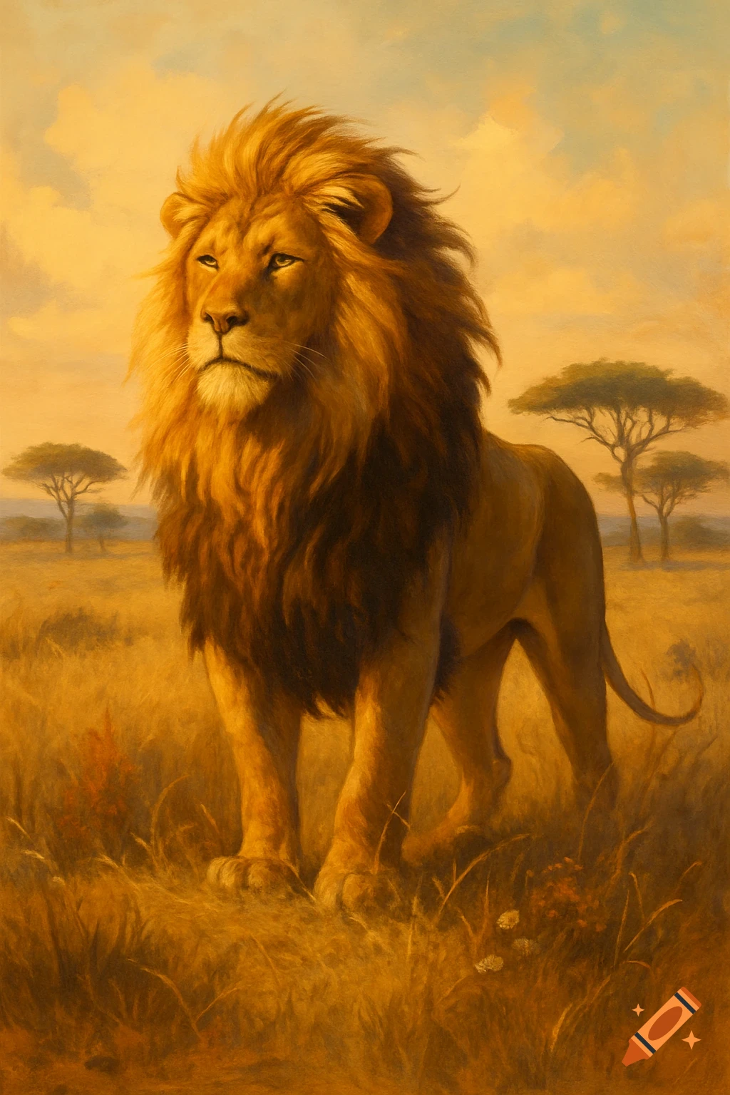 A majestic lion with a flowing mane stands in a golden savanna landscape under a warm sky, rendered in a painterly style.