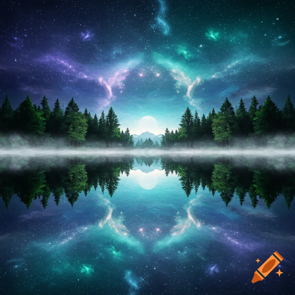 Symmetrical view of a forest and lake under a vibrant, starry night sky with colorful nebulae and a large moon, perfectly reflected in the water.