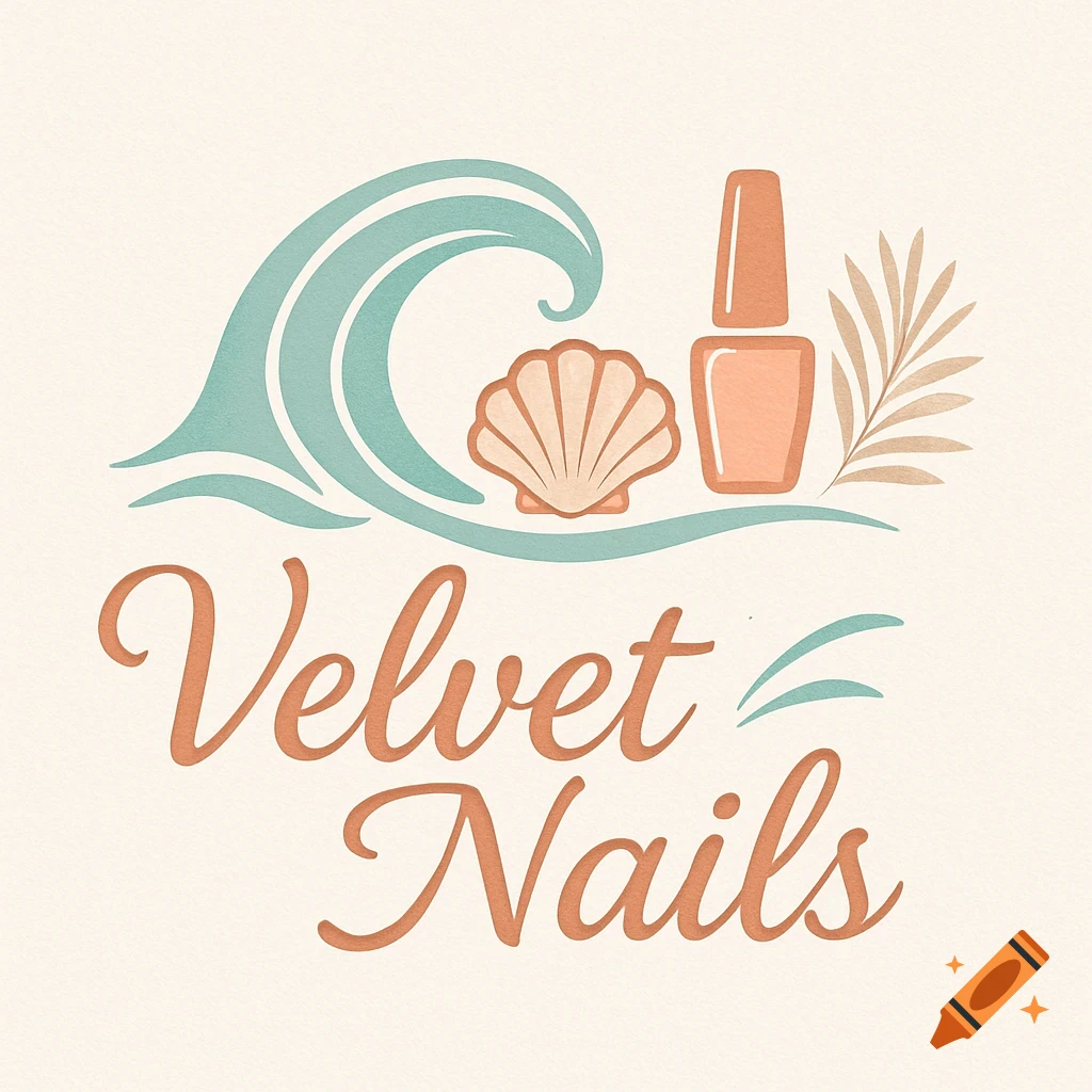 A logo for "Velvet Nails" in a script font, featuring a teal wave, a seashell, an orange nail polish bottle, and a beige palm leaf on a light background.