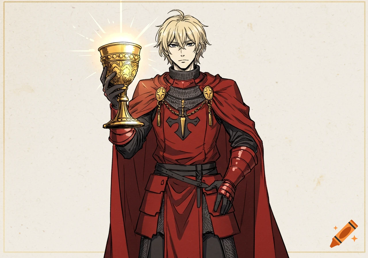 A blond man in red armor and cape holds a glowing golden goblet in a hand-drawn anime style.