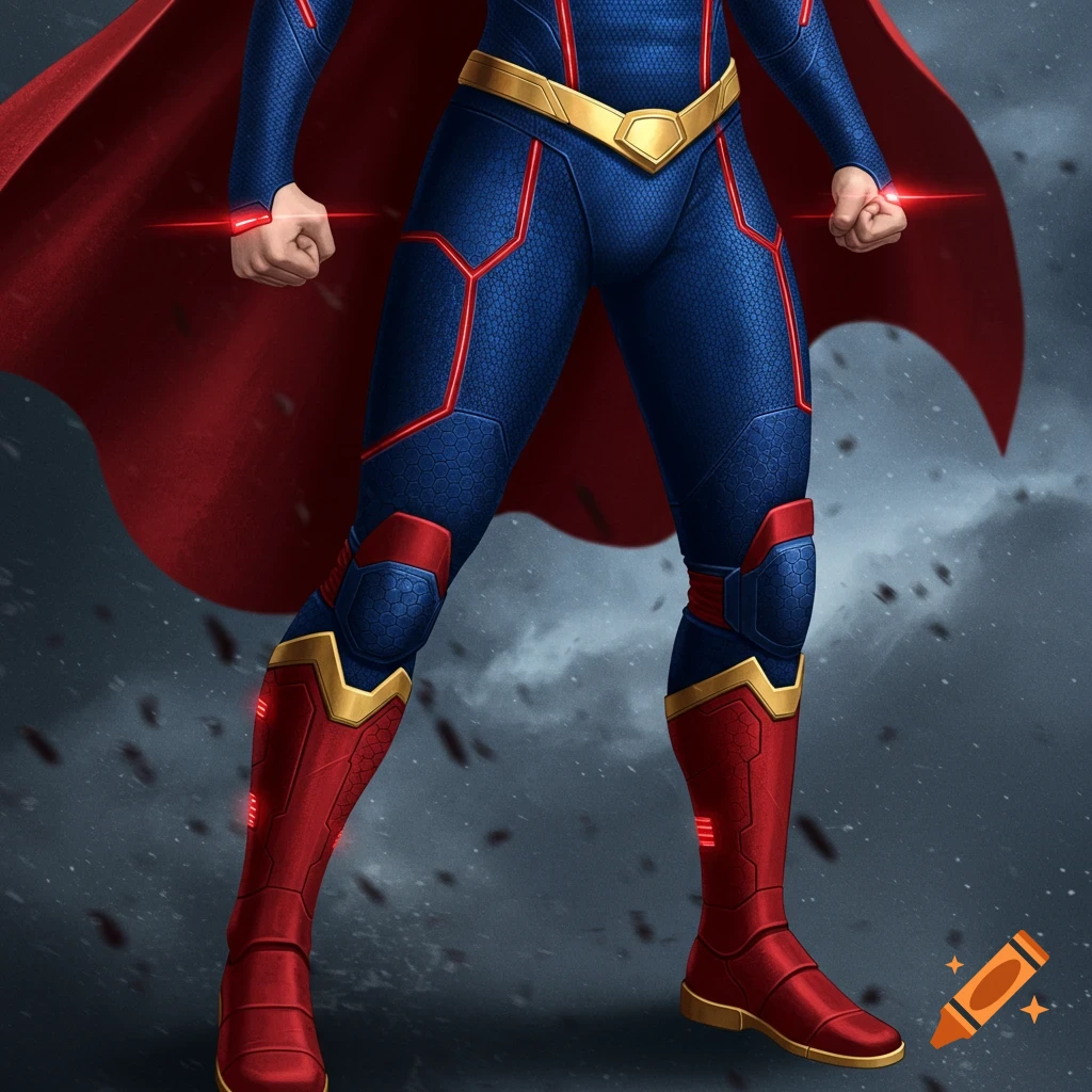 Lower body of Supergirl in a detailed blue, red, and gold suit with a flowing red cape and glowing accents.