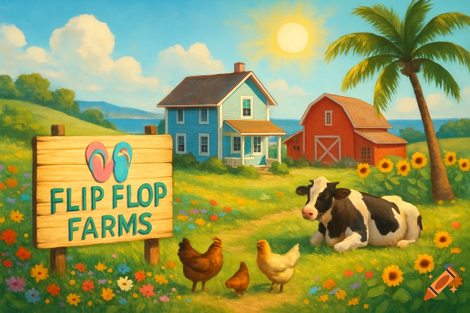 A vibrant, painterly farm scene with a sign reading 'Flip Flop Farms', a blue house, red barn, cow, chickens, and colorful flowers under a sunny sky.