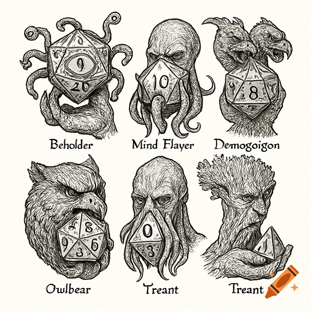 Six black and white linework illustrations of Dungeons & Dragons monsters, each holding or embodying a different dice. Monsters include Beholder, Mind Flayer, Demogorgon, Owlbear, and two Treants.