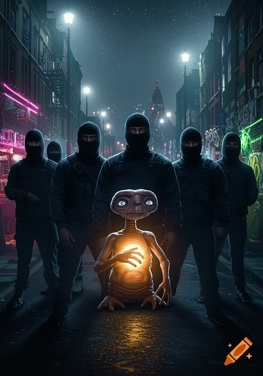 E.T., glowing from within, kneels on a dark, wet city street surrounded by a masked gang of figures in balaclavas under a starry sky.