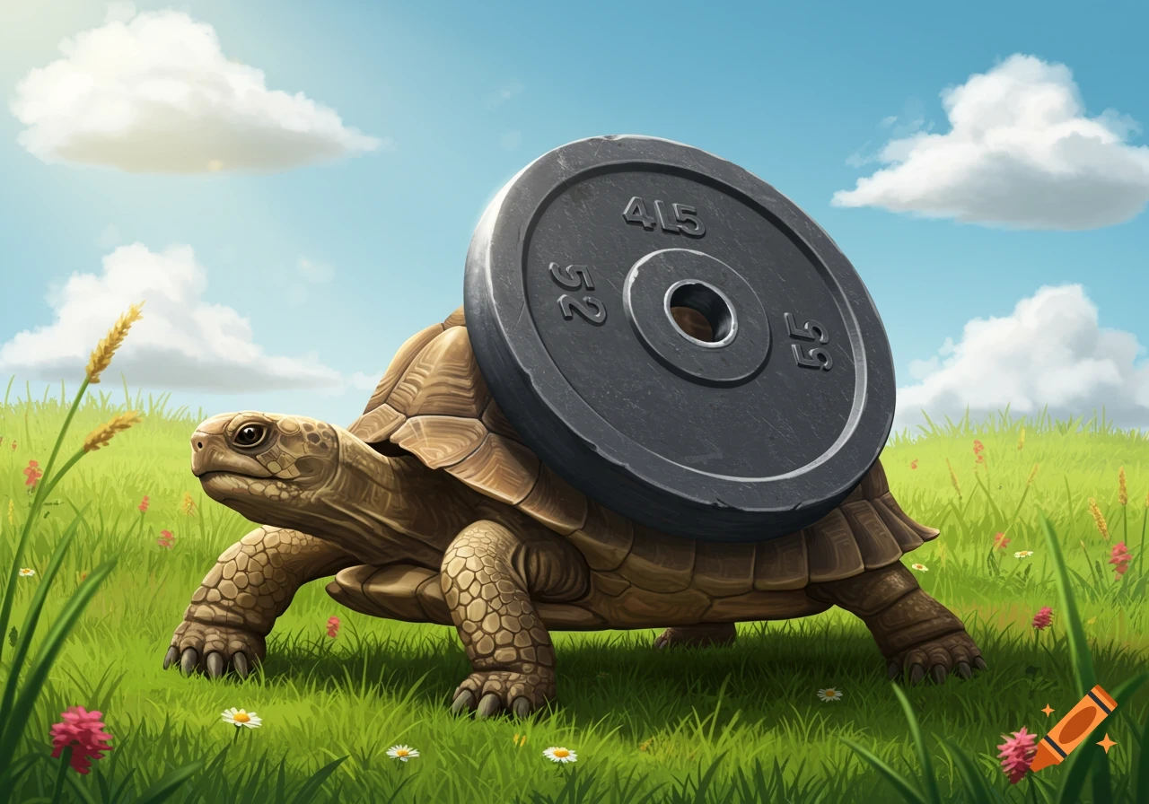 An illustration of a large turtle carrying a heavy weight plate on its shell across a sunny grassy field.