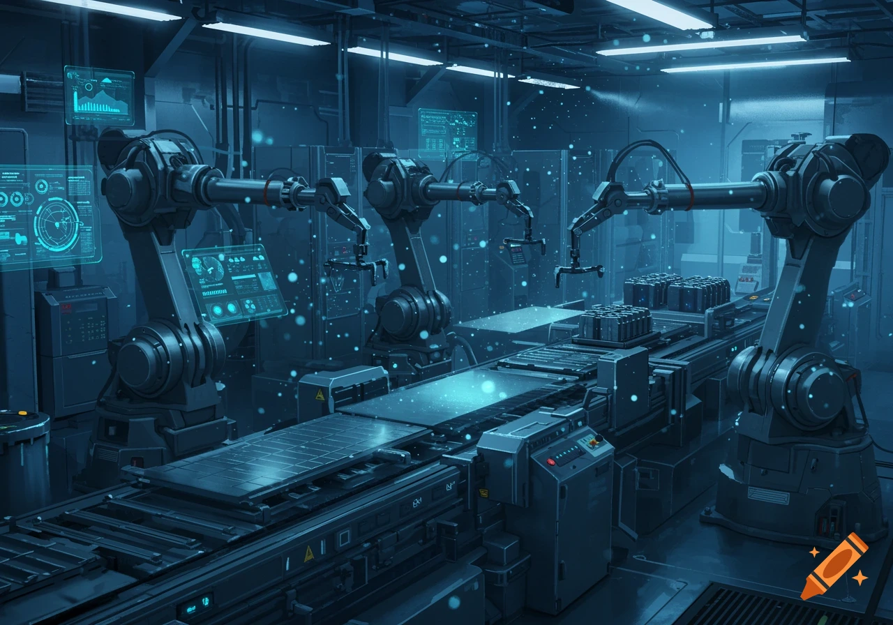 A futuristic factory floor with multiple robotic arms working on a conveyor belt system, illuminated by blue lights and holographic screens, in a photorealistic style.