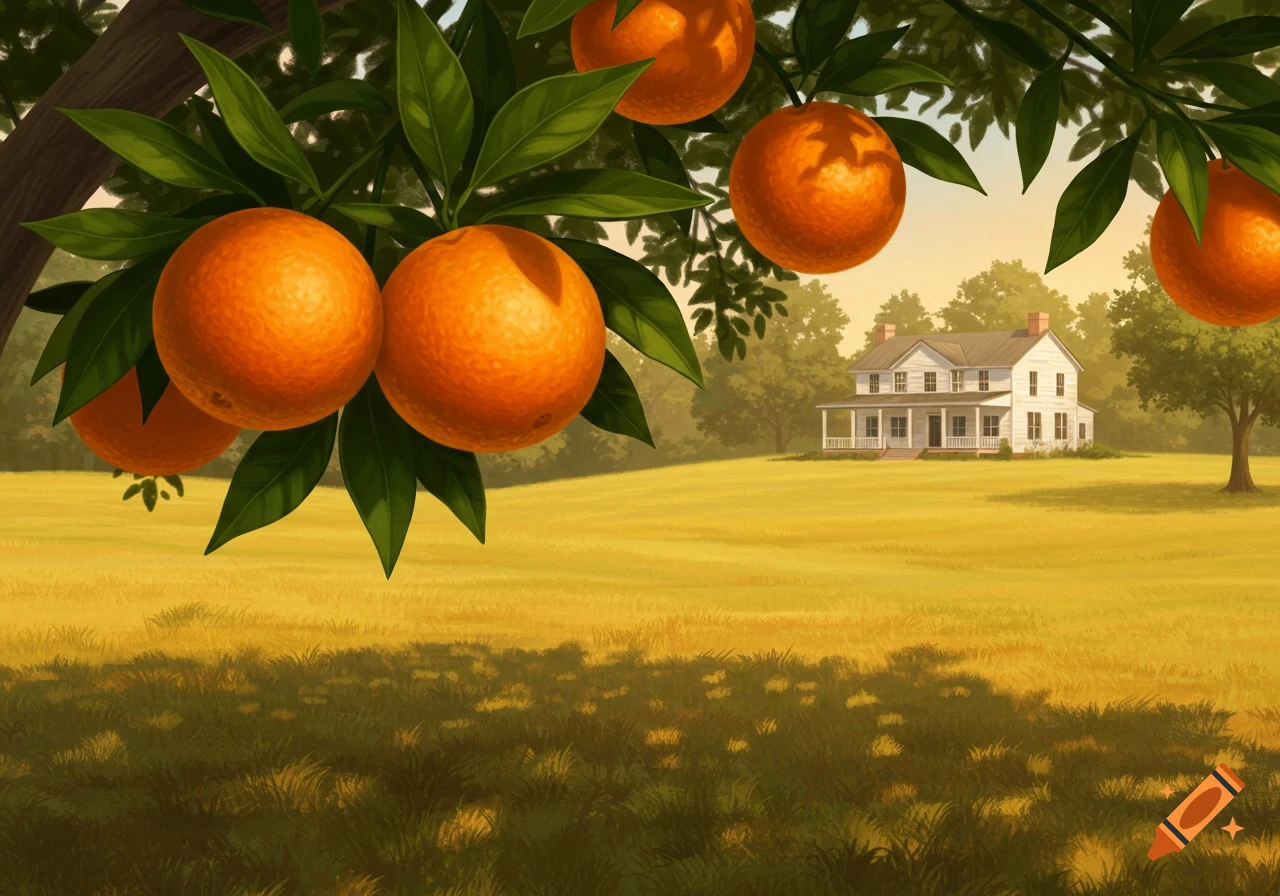 Close-up of oranges on a tree branch, with a white country house and field in the background at sunset, in an illustrative style.