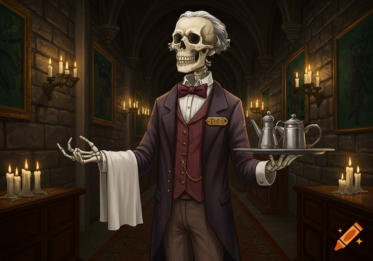 A whimsical skeleton butler in an antique suit and bow tie stands in a candlelit medieval hallway, holding a tray with a teapot.