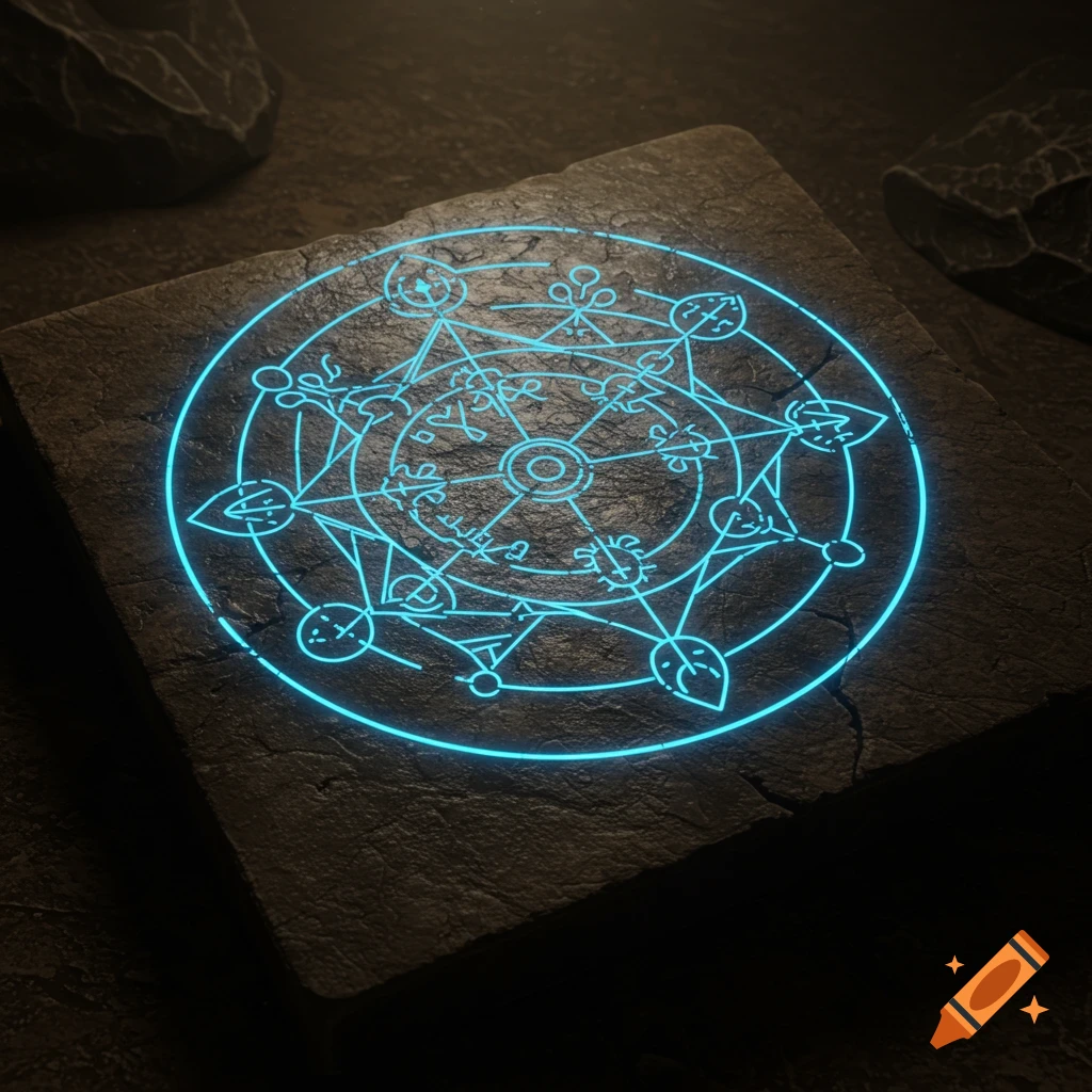 A glowing blue magical symbol etched onto a dark stone slab.