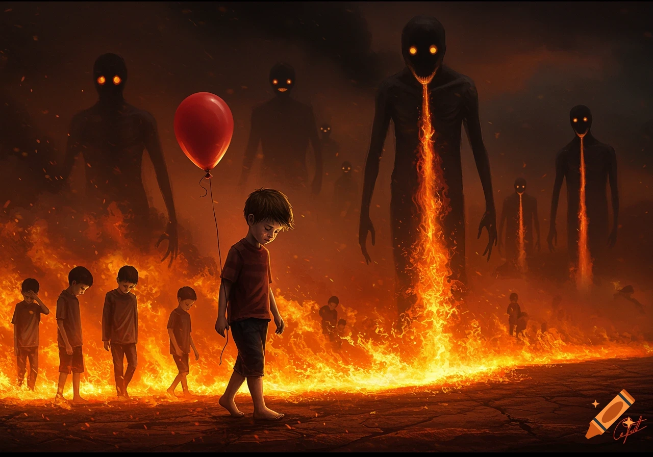 A sad boy with a red balloon walks on a fiery path with other children as shadowy, demon-like figures loom above, breathing fire.