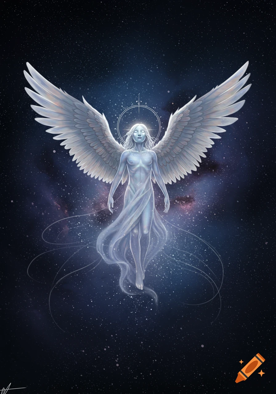 An ethereal winged angel with flowing fabric floats amidst a starry cosmic background.