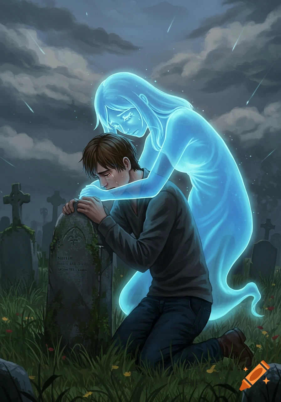 A man kneels crying at a tombstone in a graveyard as a blue, glowing ghost embraces him from behind.