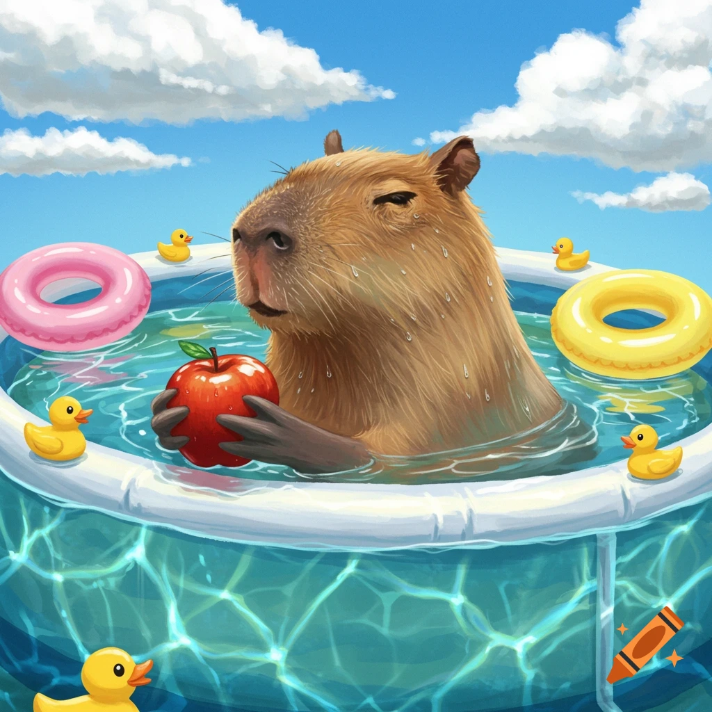 A capybara holds an apple in an inflatable pool with rubber ducks and floaties under a blue sky, in an illustrative style.