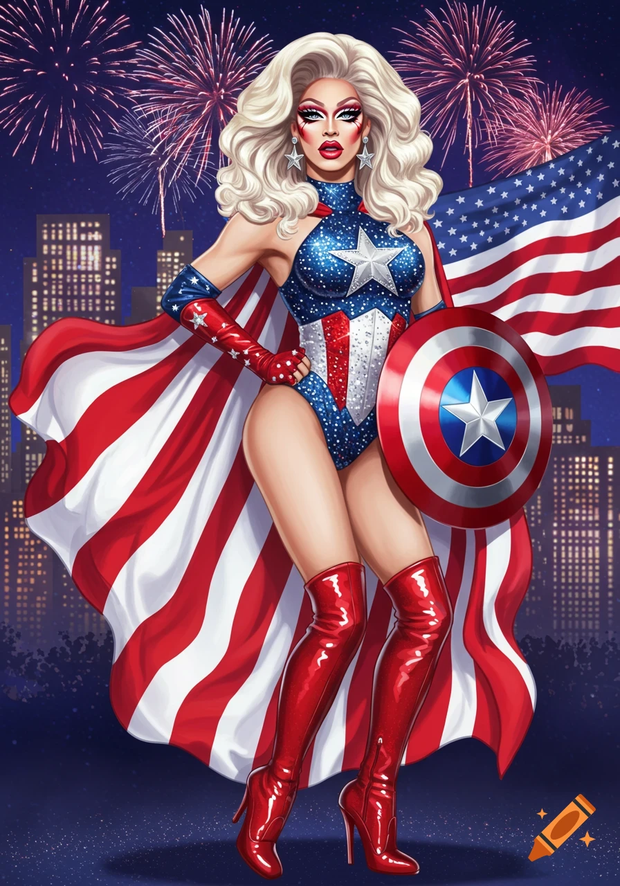 A vibrant illustration of a drag queen in a Captain America-inspired bodysuit, American flag cape, and red boots, holding a shield, against a city skyline with fireworks.