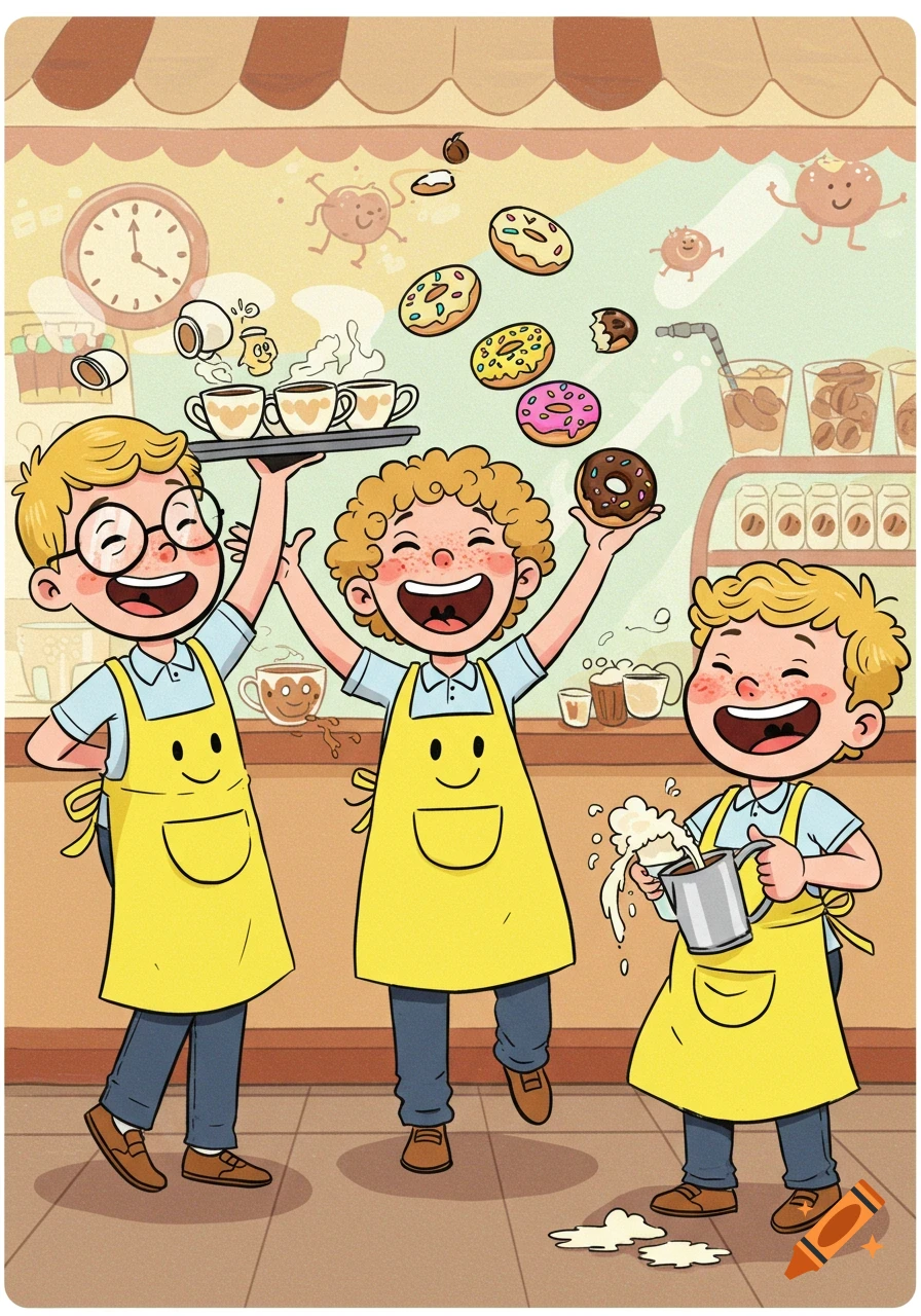 Three happy cartoon boys in yellow aprons serving coffee and donuts in a whimsical cafe.