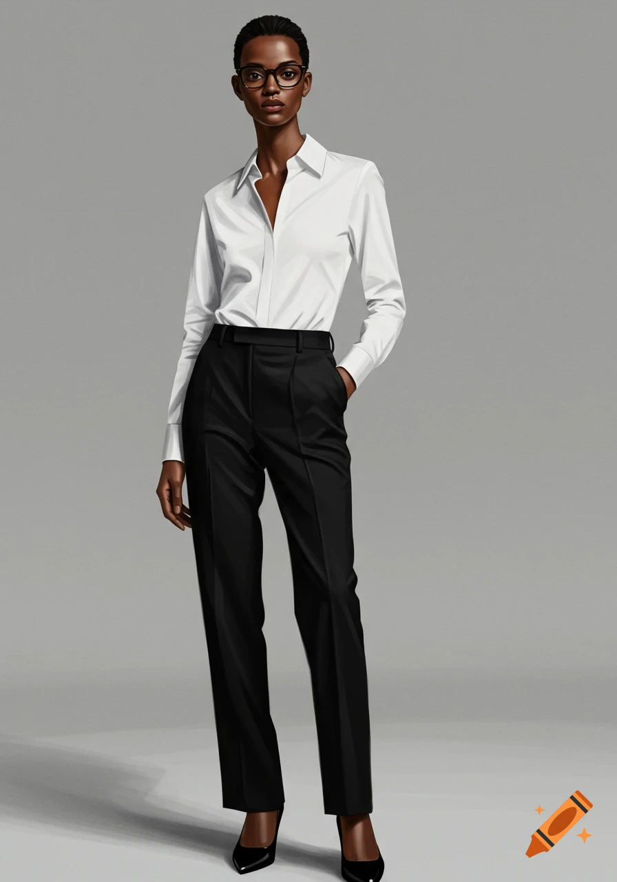 Full body illustration of a woman in a white shirt, black pants, and glasses on a plain background.