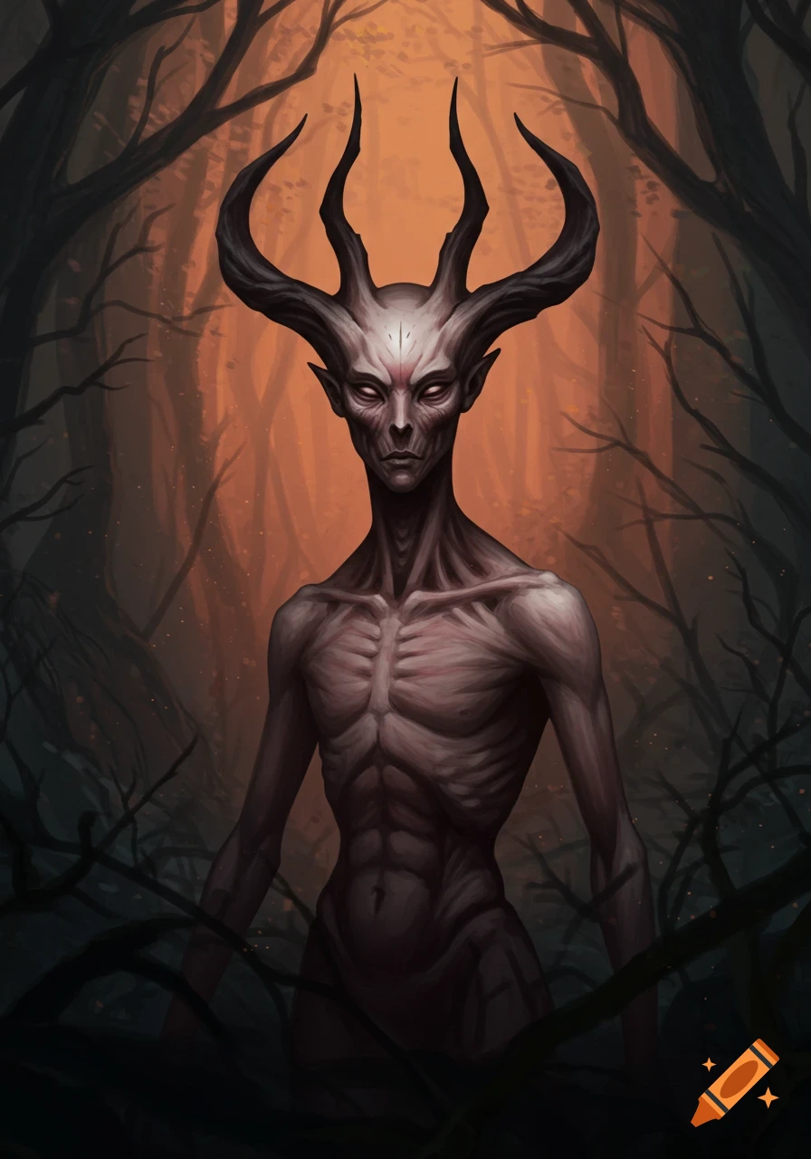 A gaunt, horned creature with glowing eyes stands in a dark, shadowy forest.