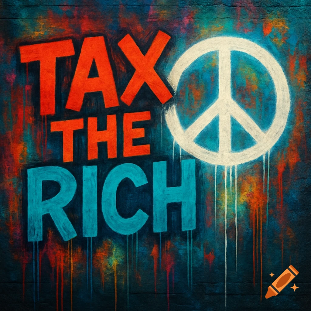 Graffiti art with 'TAX THE RICH' in bold red and blue, alongside a white peace sign, on a dark, textured wall with paint drips.