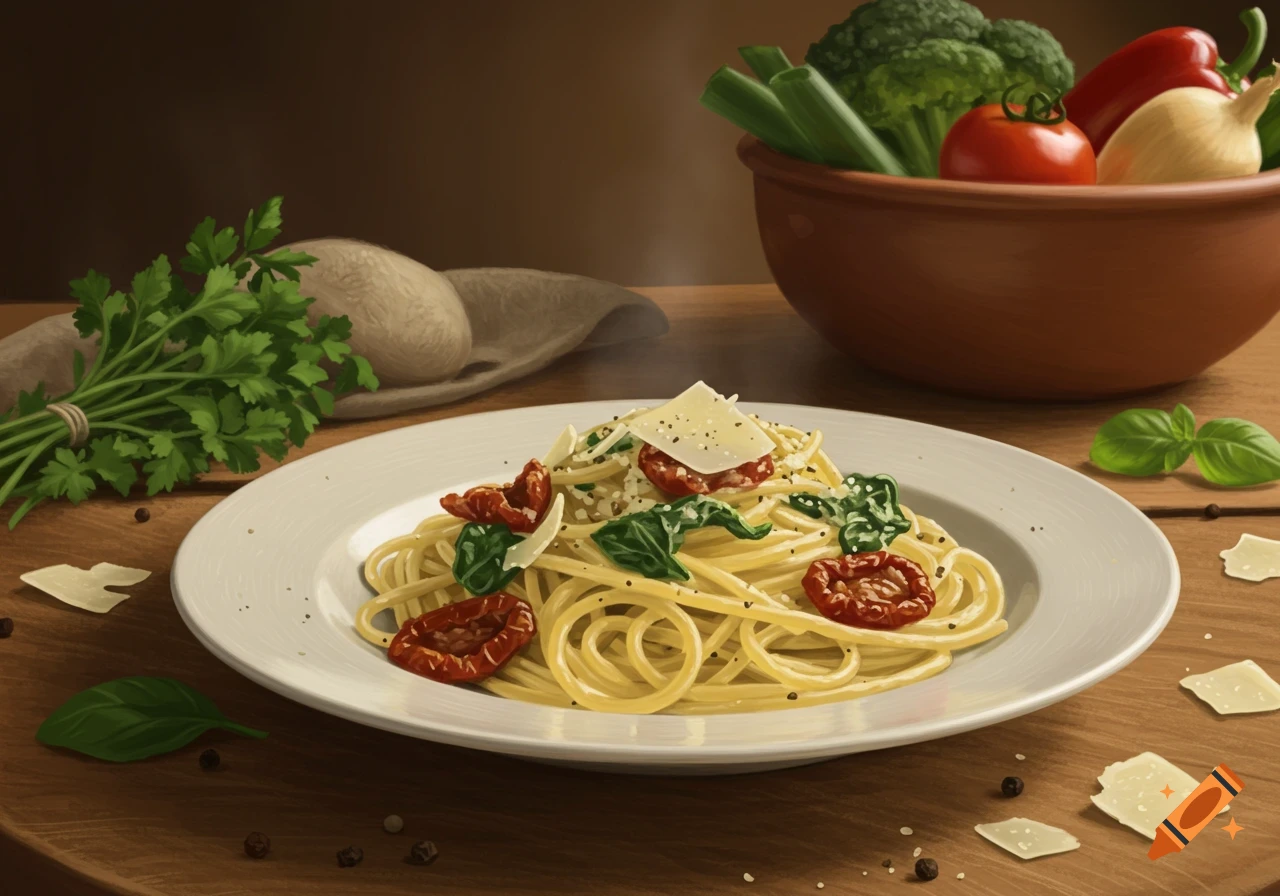 A plate of spaghetti with sun-dried tomatoes, basil, and parmesan, alongside fresh vegetables on a wooden table. Digital painting.