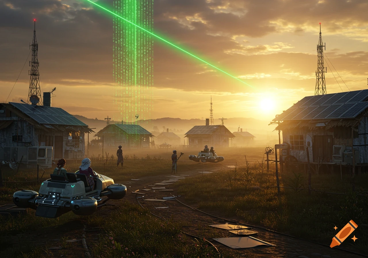 Photorealistic image of futuristic hovercrafts in a rural landscape with solar panel houses and a green binary code beam at sunset.