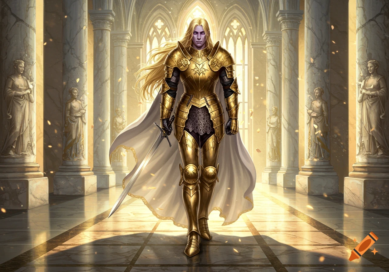 An elegant pale knight with blonde hair and purple eyes in gleaming gold armor and a white cape stands in a sunlit marble court room.