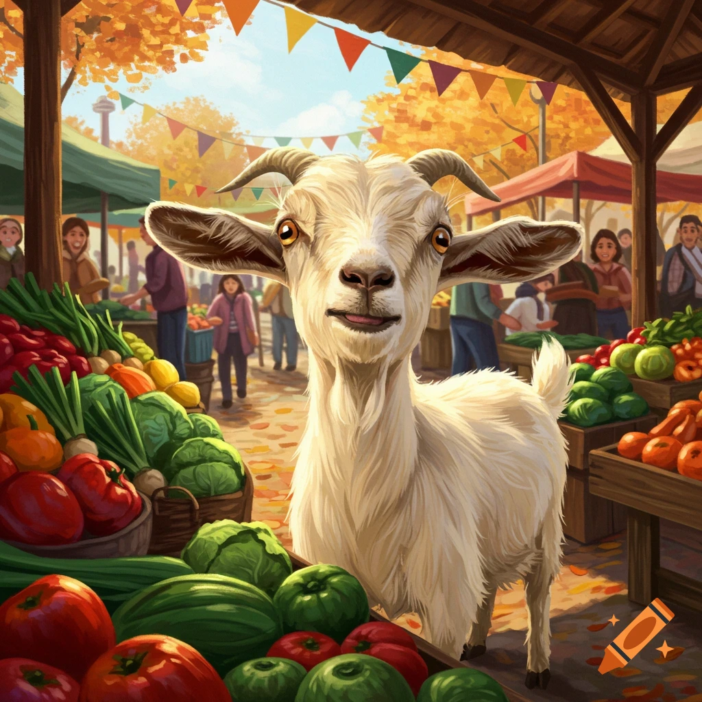 A white goat with big ears and horns stands in the middle of a vibrant autumn farmer's market, looking directly at the viewer.
