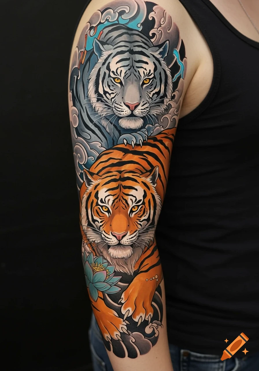 Colorful Japanese-style arm tattoo featuring a white tiger and an orange tiger with waves and lotus flowers.