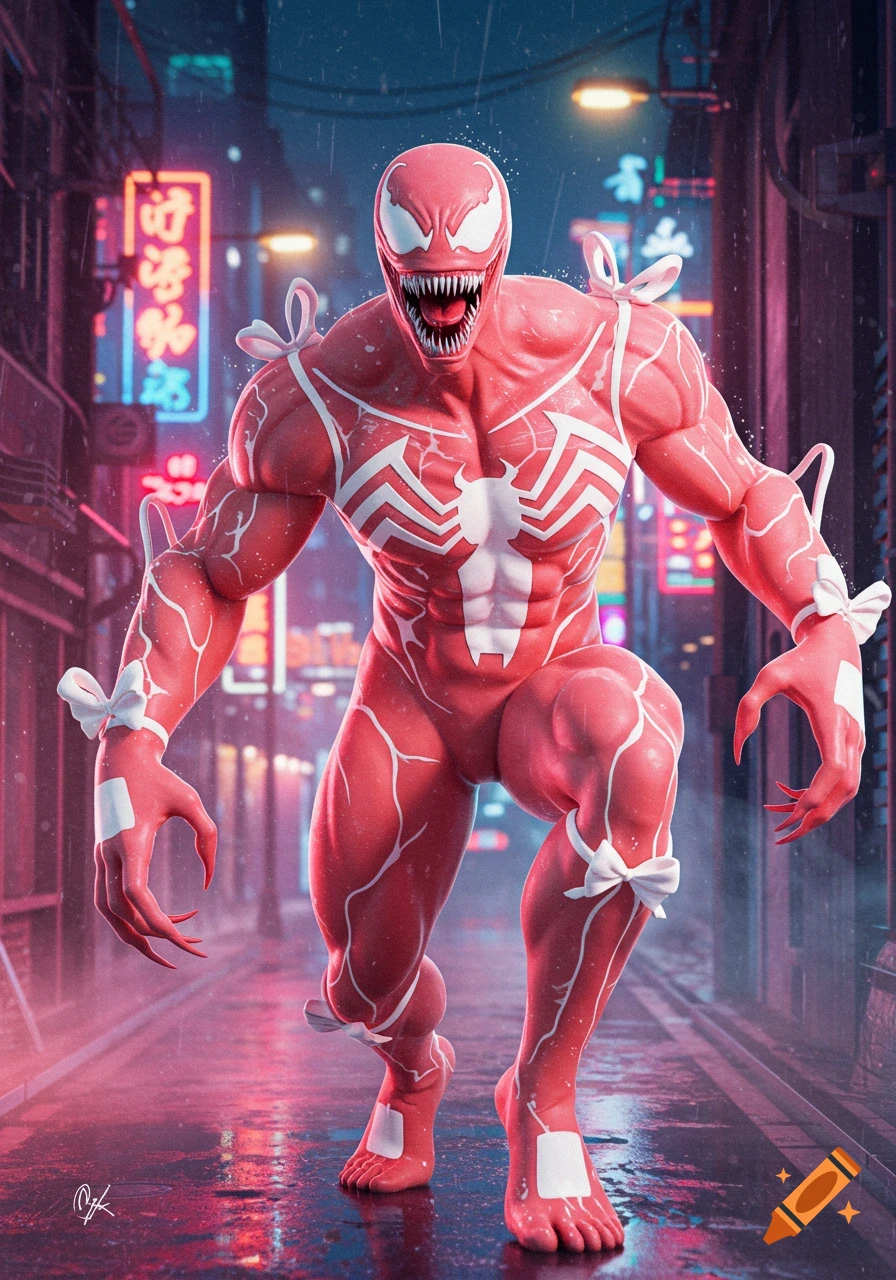 A light salmon pink Venom with white spider accents and white bows on its limbs stands in a neon-lit city alley.