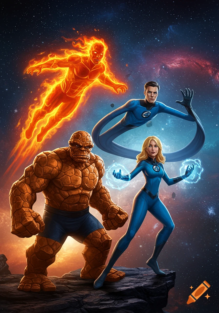 The Fantastic Four superheroes, Human Torch, Mr. Fantastic, The Thing, and Invisible Woman, pose against a starry cosmic background in a vibrant comic art style.